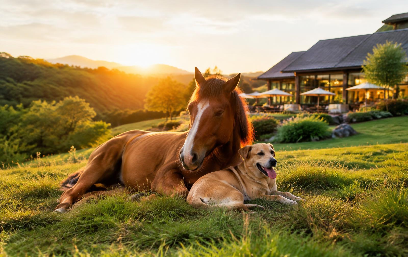 Rescued horse and dog resting at a sanctuary resort