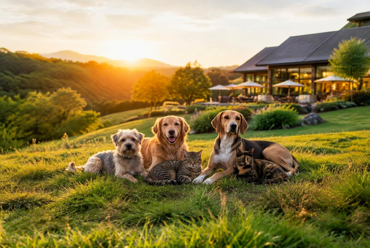 Three rescued dogs and two cats resting together in a sanctuary meadow